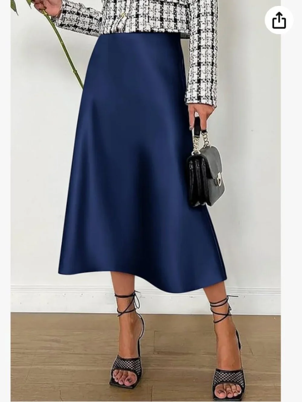Navy Blue Stretch Satin Midi A-Line Skirt Size XL NWT - Picture 4 of 10